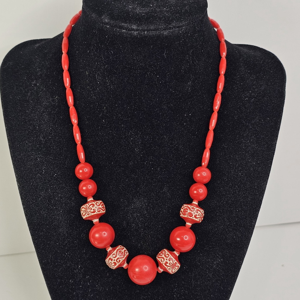 Carved Red Lucite Vintage Necklace Marked West Germany MCM Beaded